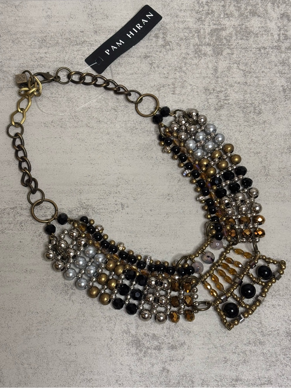 Anthropologie Pam Hiran Black and Antique Gold Beaded Bib Statement Necklace